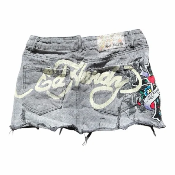 Ed Hardy Gray Mini Denim Skirt with Graphic Design - Picture 3 of 5